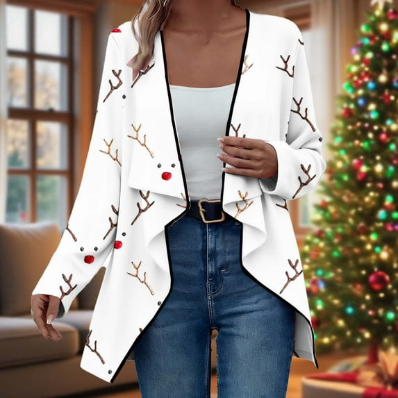 Ounisa Women's Open Front Cardigan Christmas Tree Snowman Snowflake Santa Claus Elkhorn Graphic Shirt with Pockets Long Sleeve Lightweight Coat