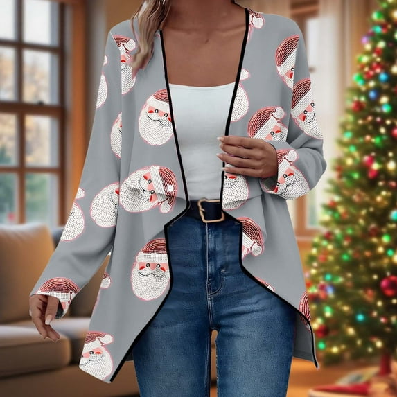 Ounisa Women's Open Front Cardigan Christmas Tree Snowman Snowflake Santa Claus Elkhorn Graphic Shirt with Pockets Long Sleeve Lightweight Coat