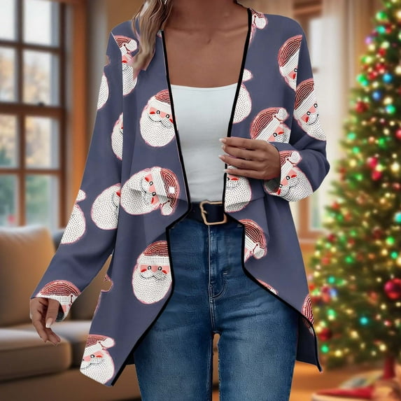 Ounisa Women's Open Front Cardigan Christmas Tree Snowman Snowflake Santa Claus Elkhorn Graphic Shirt with Pockets Long Sleeve Lightweight Coat