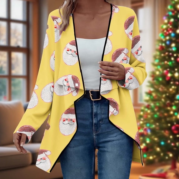 Ounisa Women's Open Front Cardigan Christmas Tree Snowman Snowflake Santa Claus Elkhorn Graphic Shirt with Pockets Long Sleeve Lightweight Coat