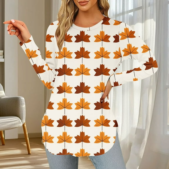 Ounisa Women's Oversized Long Sleeve Maple Leaf Printed T Shirt Athletic Crewneck Slim Tops Quick Dry Loose Sweatshirt