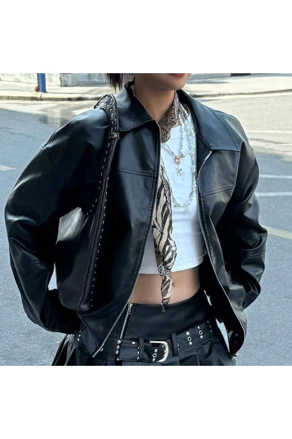 Women's PU Leather Zip Up Jacket Motorcycle Baggy Bomber Coats Winter Clothes