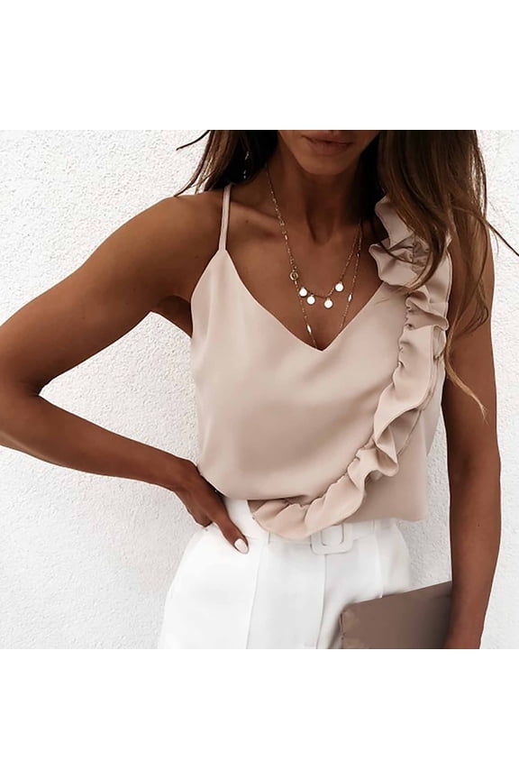 Women's Peplum Camisole Tops V Neck Ruffle Hem Cami Spaghetti Strap Tank Top Summer Sleeveless