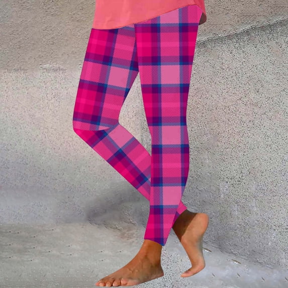 Ounisa Women's Plaid Print Tight Yoga Leggings, Breathable Stretchy Full Length Pants with Classic Pattern for Versatile Inner Outer Wear