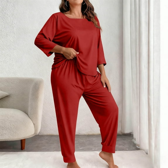 Ounisa Women's Plus Size 2 Piece Outfits Tracksuits Solid Color Short Sleeve Top Pants Sets Fashionable Home Sweatsuit