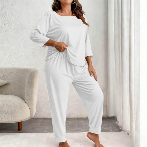Ounisa Women's Plus Size 2 Piece Outfits Tracksuits Solid Color Short Sleeve Top Pants Sets Fashionable Home Sweatsuit