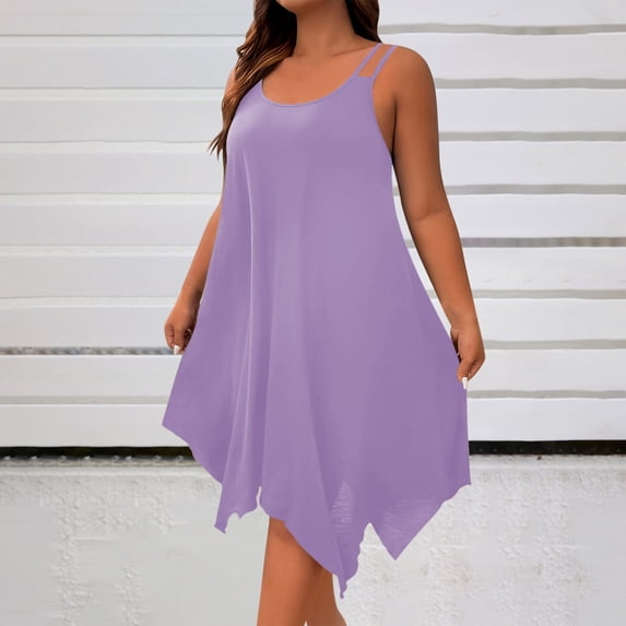 Ounisa Women's Plus Size Scoop Neck Sleeveless Asymmetrical Hem Flowy Midi Cami Dress