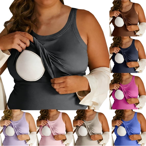 Ounisa Women's Plus Size Solid Molded Cup Ribbed Tank Top Wireless Seamless Casual Home Wear Layering Top