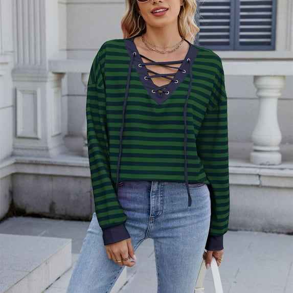Ounisa Women's Plus Size Tops Striped Long Sleeve V neck T Shirts Color Block Casual Tunics Tee Shirt