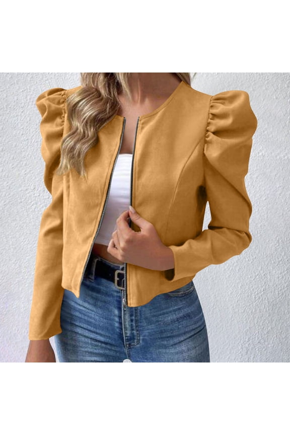 Women's Puff Sleeve Cropped Jacket Bolero Blazer Long Sleeve Open Front Fashion Solid Color Round Neck Cardigan