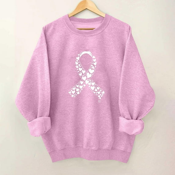 Ounisa Women's Pullove Fall Winter T-shirt Breast Cancer FestivalPink Ribbon Heart Graphic Tees Shirts Long Sleeve Crew Neck Pullover Fashion Coats Top