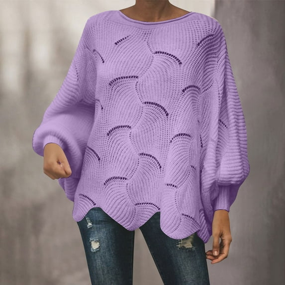Ounisa Women's Pullover Batwing Sleeve Casual Oversized Stripe Pullover Jumper Tops Loose Long Sleeve Hollow Knit Sweaters