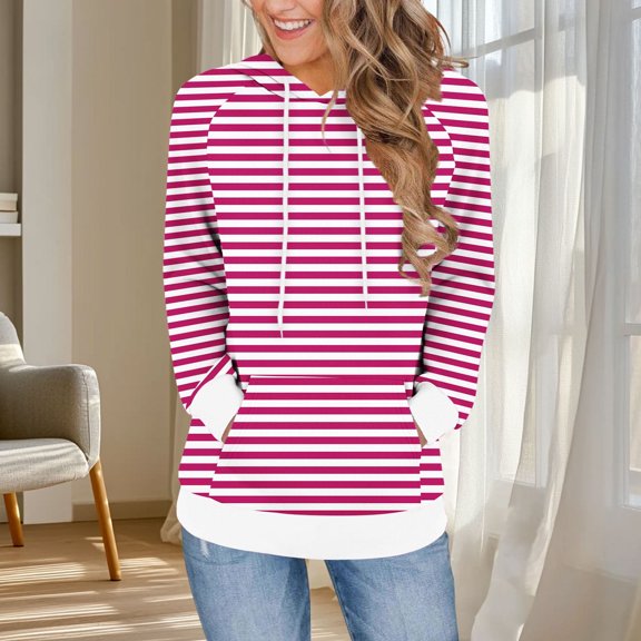 Ounisa Women's Pullover Fashionable Casual Stripe Sweatshirt Drawstring The Season Hoodie Long Sleeve Tops with Pocket
