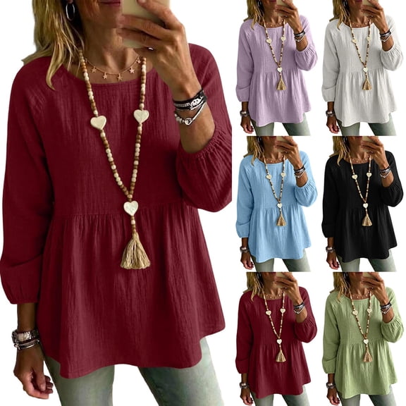 Ounisa Women's Ruched Crew Neck Long Sleeve Pullover Top, Soft Draped Feminine Blouse with Flattering Gather Detail and Flowy Fabric