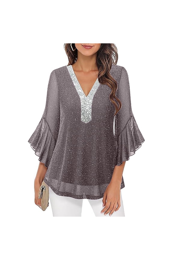 Women's Ruffle 3/4 Sleeve Sparkly Tops Sequin V Neck Blouses Dressy Fall Shirts