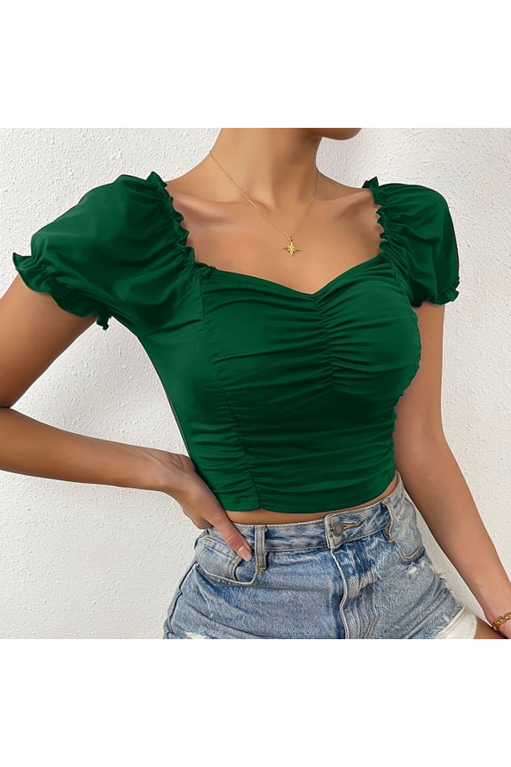 Women's Ruffle Short Sleeve Crop Top Off Shoulder Pleated Blouse
