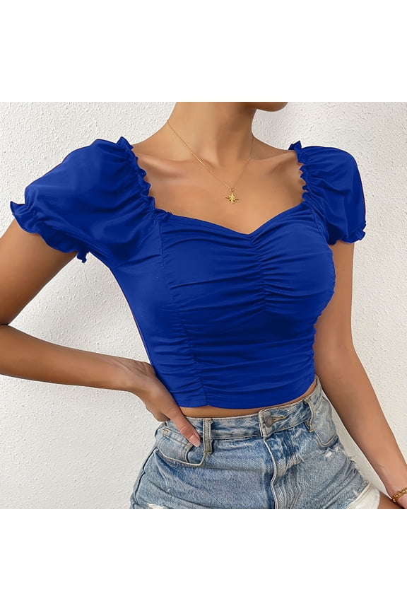 Women's Ruffle Short Sleeve Crop Top Off Shoulder Pleated Blouse