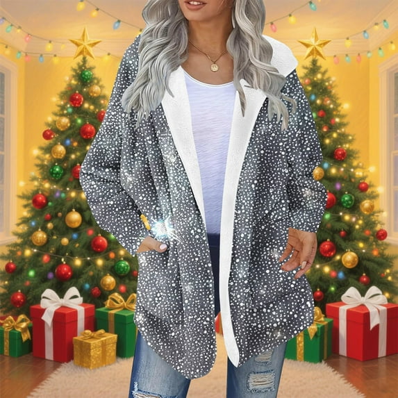 Ounisa Women's Sequin Coat Casual Lapel Fleece Fuzzy Faux Shearling Zipper Coats Warm Winter Oversized Outwear Jackets