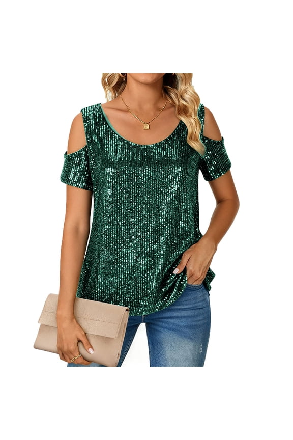 Women's Sequin Tops Plus Size Round Neck Sparkle Top Shimmer Glitter Short Sleeve T-Shirt Tunic Blouse