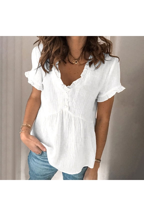 Women's Short Sleeve Grace Trim Blouse V Neck Ruffle Hem Peplum Shirt Tops