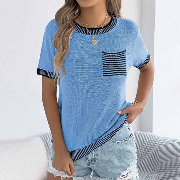 Ounisa Women's Short Sleeve T Shirts Crewneck Color Block Ribbed Knit Tee Blouses 2026 Trendy Summer Tops