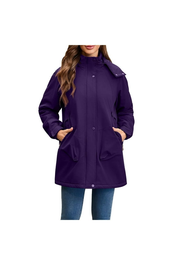 Women's Softshell Jacket with Removable Hood Fleece Lined Windbreaker Insulated Long Warm Rain Jacket Solid Color Zipper Pocket Outerwear Overcoats