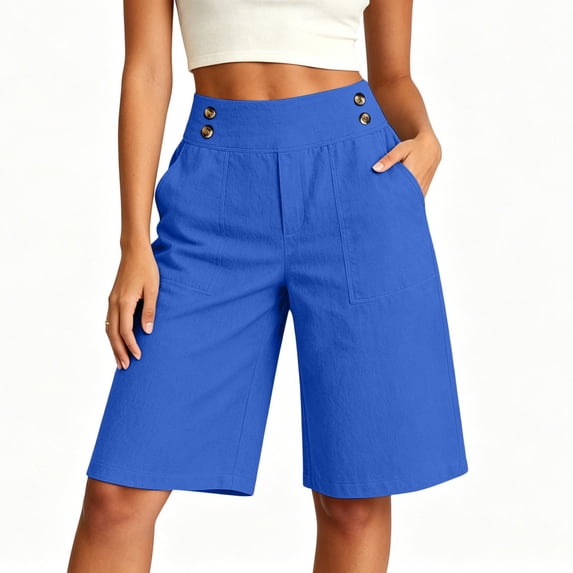 Ounisa Women's Solid Button Cotton Linen High Waist Pocket Five Point Shorts Breathable Soft Non Iron Comfortable Relaxed Fit Shorts