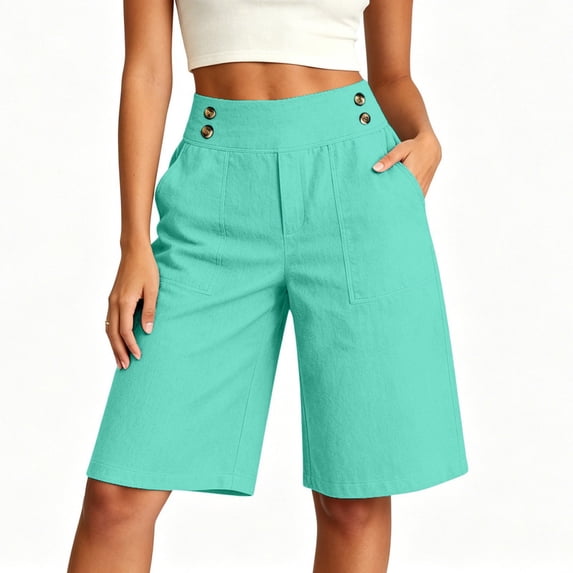 Ounisa Women's Solid Button Cotton Linen High Waist Pocket Five Point Shorts Breathable Soft Non Iron Comfortable Relaxed Fit Shorts