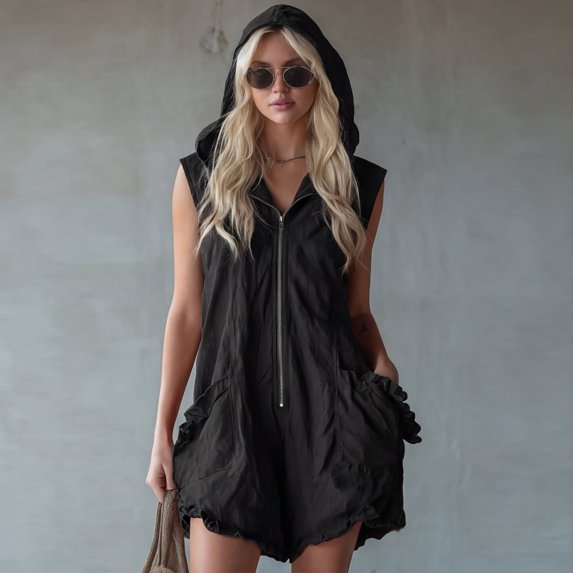Ounisa Women's Solid Hooded Zip Sleeveless Short Jumpsuit Romper Soft Breathable Lightweight Casual Summer Cover Up