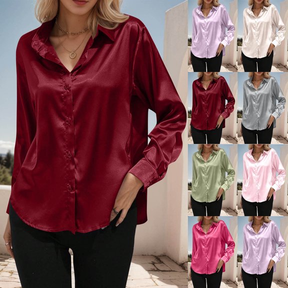 Ounisa Women's Solid Long Sleeve Button Front Camp Collar Top, Versatile Wrinkle Free Blouse with Classic Fit for Office or Daily Styling