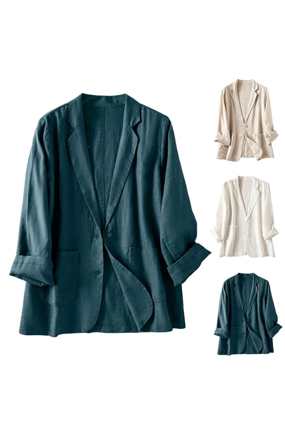 Women's Spring Fall Linen Long Sleeve Double Pockets Open Front Button Lightweight Blazer Jacket Soft Breathable Casual Work Coat