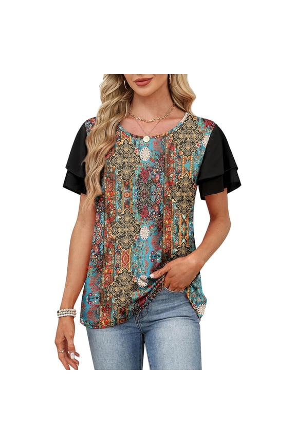 Women's Spring Summer Casual Crew Neck Printed Double Layer Short Sleeve Flowy Airy Blouse