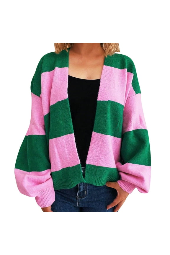Women's Striped Cardigan V Neck Open Front Sweaters Casual Long Sleeve Button Contrast Striped Outerwear