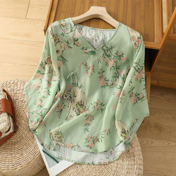 Ounisa Women's Summer 3/4 Sleeve Cotton Linen Top Vintage Embroidered Shirt 2025 Women Casual V Neck Boho Peasant Tee Blouse