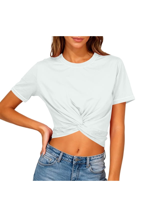 Women's Summer Causal Short Sleeve Blouse Round Neck Crop Tops Twist Front Tee T-Shirt