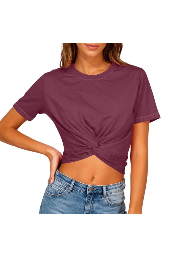Women's Summer Causal Short Sleeve Blouse Round Neck Crop Tops Twist Front Tee T-Shirt
