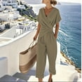 thumbnail image 1 of Ounisa Women's Summer One Piece Jumpsuits Belted Short Sleeve Wrap V Neck Fashion Dressy Casual Wide Leg Pants Romper, 1 of 9