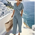 thumbnail image 1 of Ounisa Women's Summer One Piece Jumpsuits Belted Short Sleeve Wrap V Neck Fashion Dressy Casual Wide Leg Pants Romper, 1 of 9
