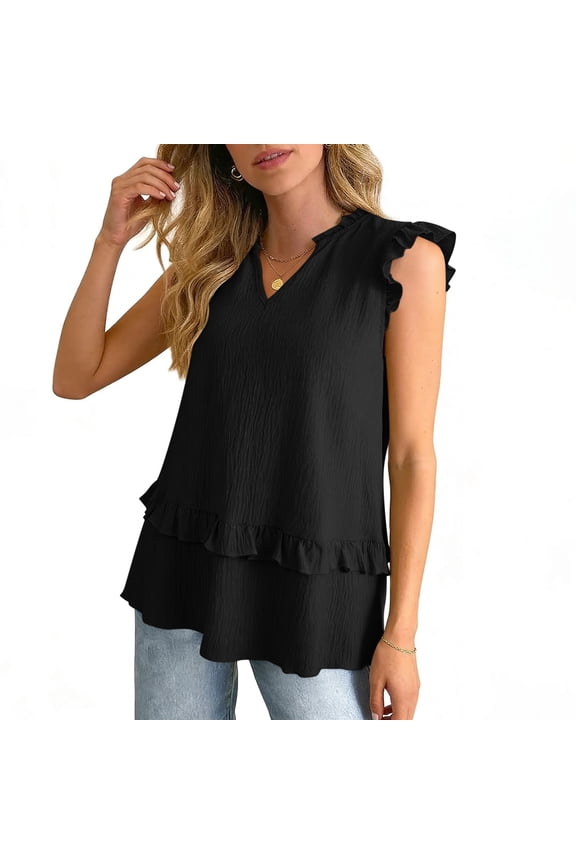 Women's Summer Ruffle Hem Top V Neck Sleeveless Layering Camisole Solid Color Casual Shell Blouse