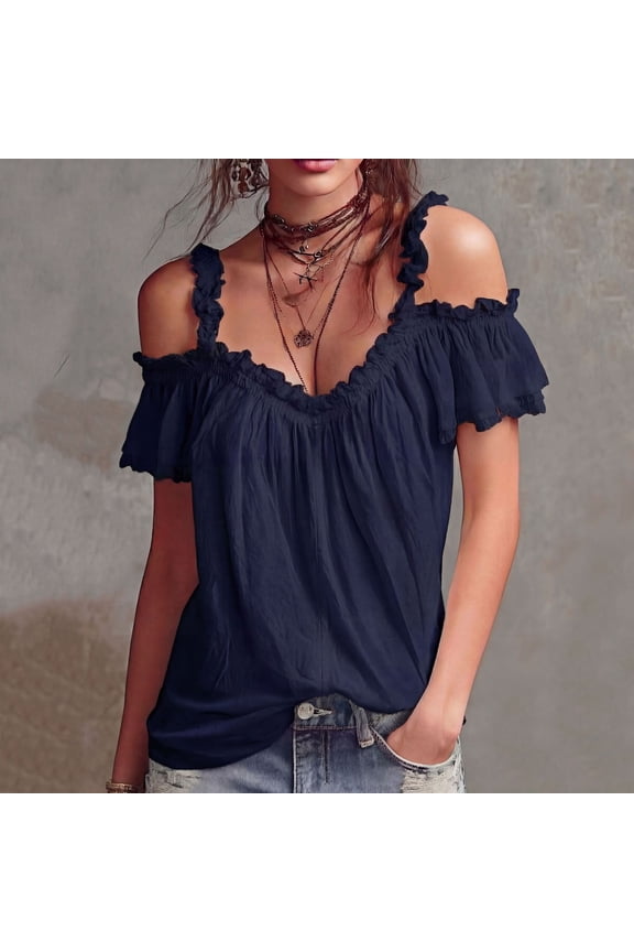 Women's Summer Sexy Off The Shoulder Peplum Tops Ruffle Sleeve Dressy Blouses