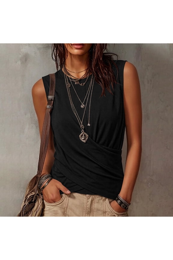 Women's Summer Sleeveless Crew Neck Flattering Adjustable Cross Tie Wrap Cropped Top Soft Breathable Tank
