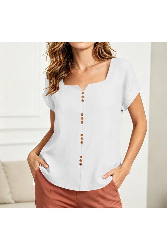 Women's Summer Solid Button Cotton Linen Short Sleeve U Neck Top Soft Breathable Lightweight Non Iron Blouse