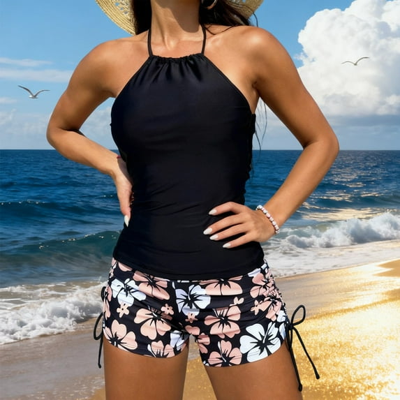 Ounisa Women's Swimsuit Two Piece Halterneck Tankini Bathing Suits with Drawstring Printed Shorts Swimsuits