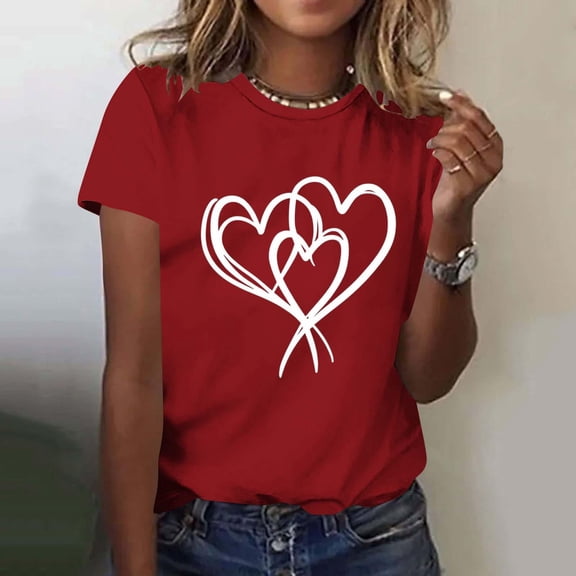 Ounisa Women's T-Shirts Crewneck Tee Cute Love Heart Graphic Shirts Short Sleeve Summer Tops