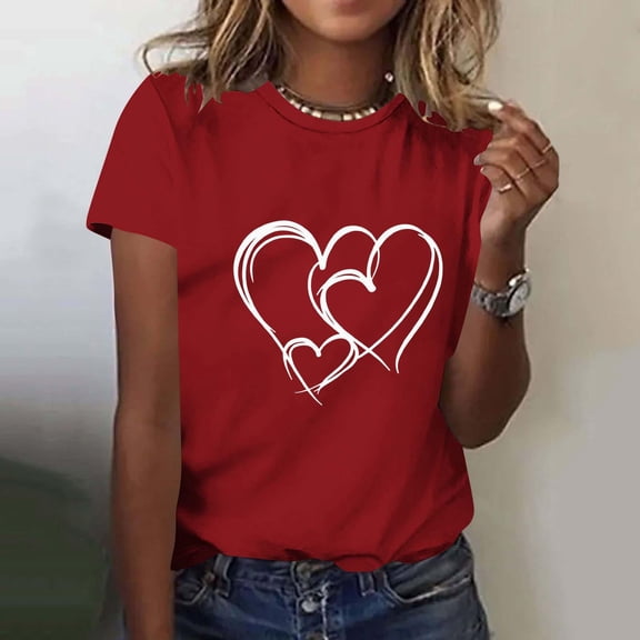 Ounisa Women's T-Shirts Crewneck Tee Cute Love Heart Graphic Shirts Short Sleeve Summer Tops