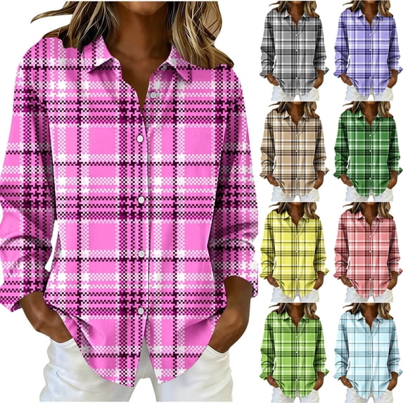 Ounisa Women's Tartan Plaid Single Button Long Sleeve Collared Shirt Top Soft Breathable Lightweight Relaxed Basic Blouse