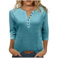thumbnail image 1 of Ounisa Women's V Neck 3/4 Sleeve Tops Casual T Shirts Loose Fit Button Tunic Blouse, 1 of 9