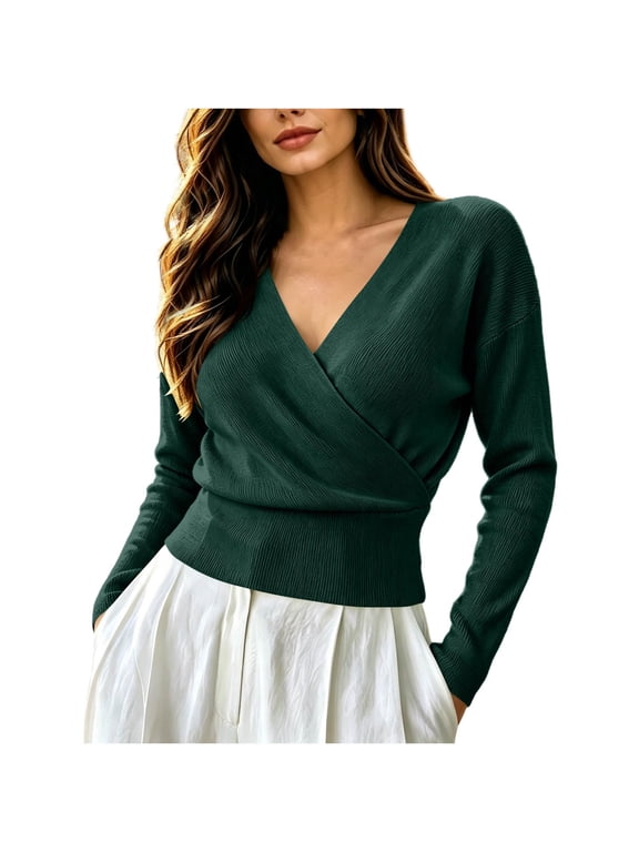 Women's V Neck Cross Wrap Knit Fall Blouse Long Sleeve Cinched Waist Tops Casual Slim Fitted Clothes