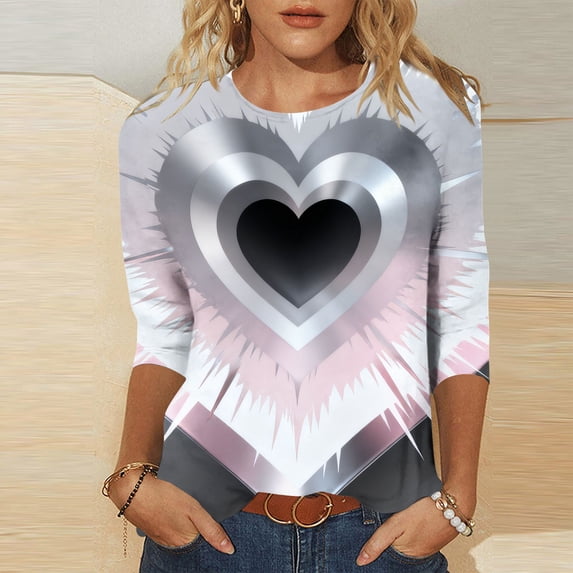 Ounisa Women's Valentine 3/4 Sleeve Round Neck Shirt Funny Love Heart Printed Tee Casual Couple Top Blouse Pullover