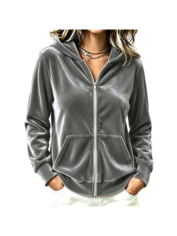Women's Velour Fashion Hoodies Full Zip Long Sleeve Casual Jacket with Pockets